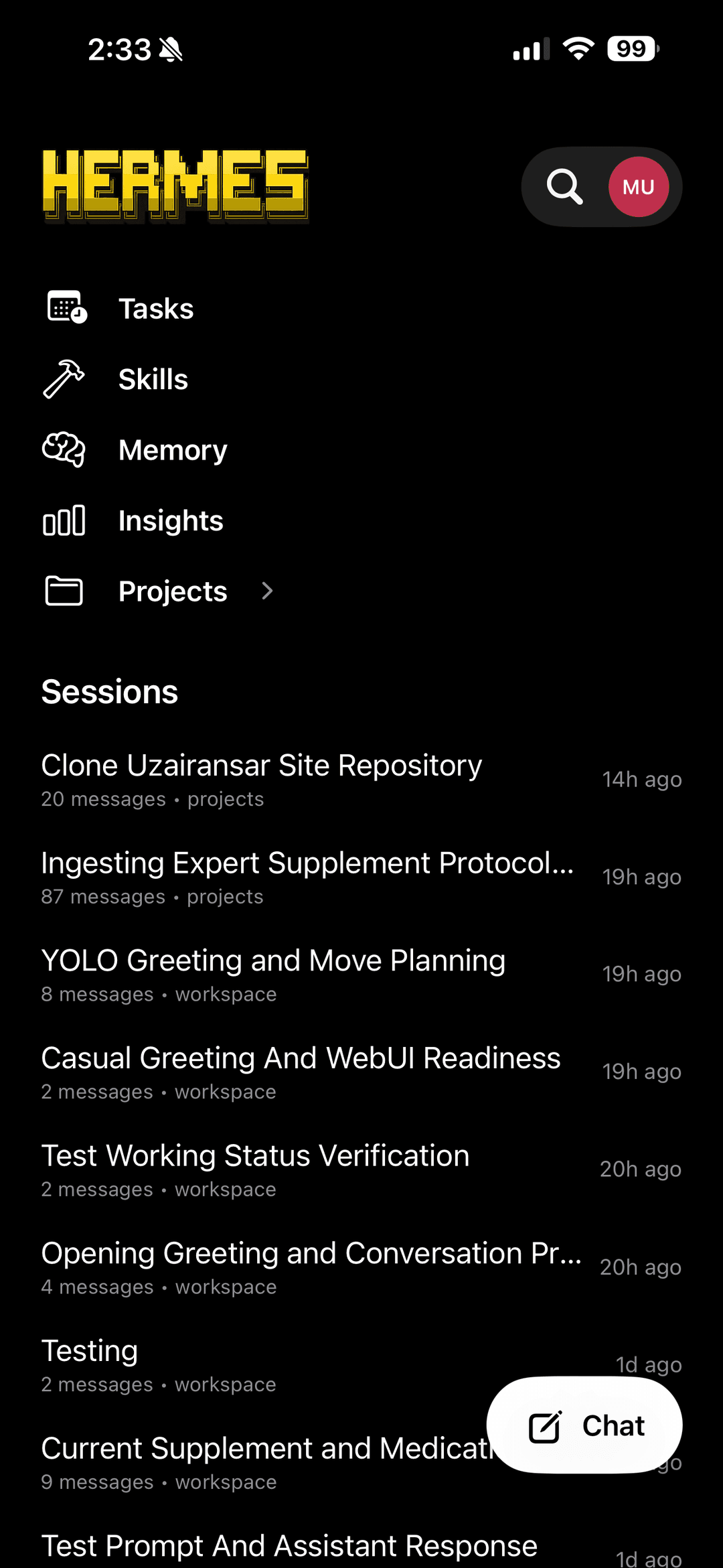 Hermes Agent Mobile main screen showing session list