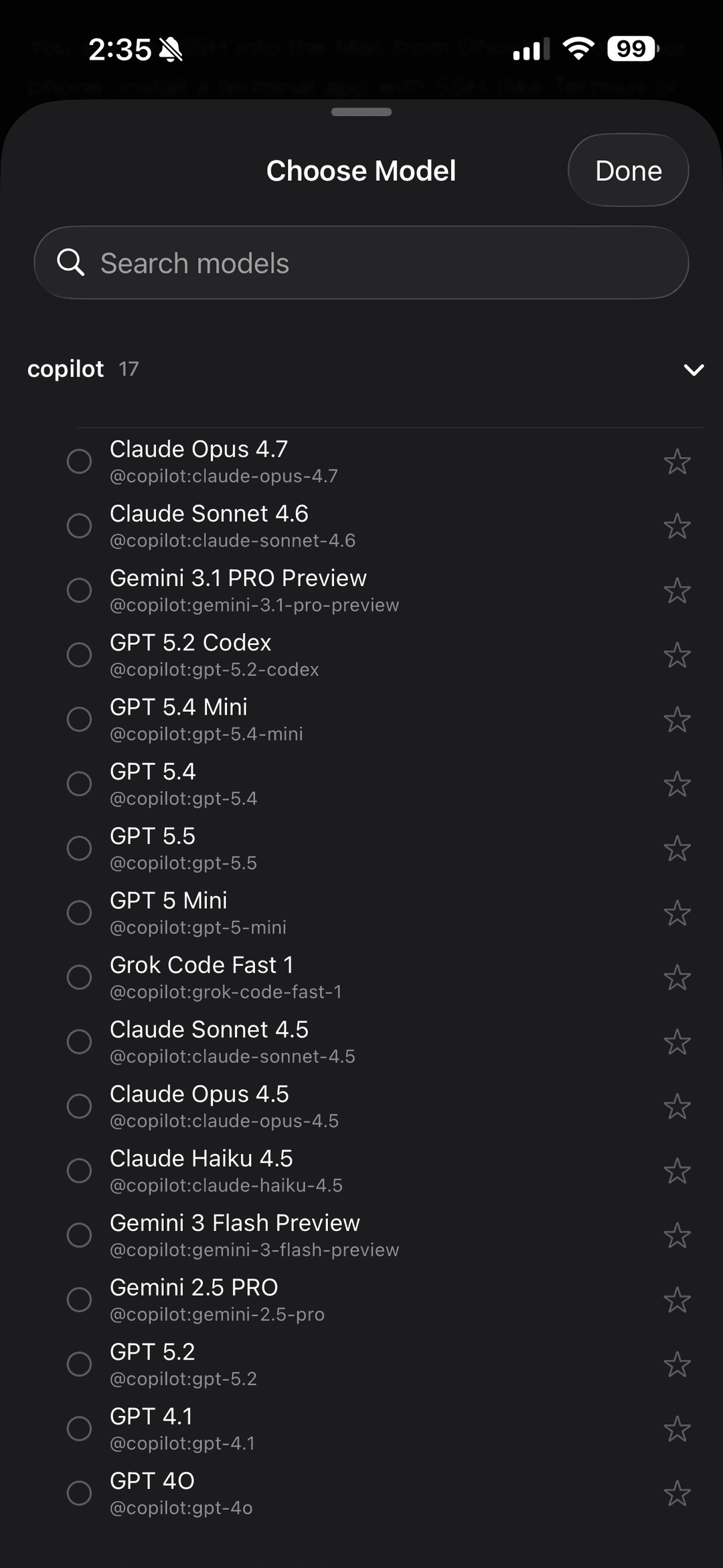 Model selector with Claude, GPT, Gemini, and Grok