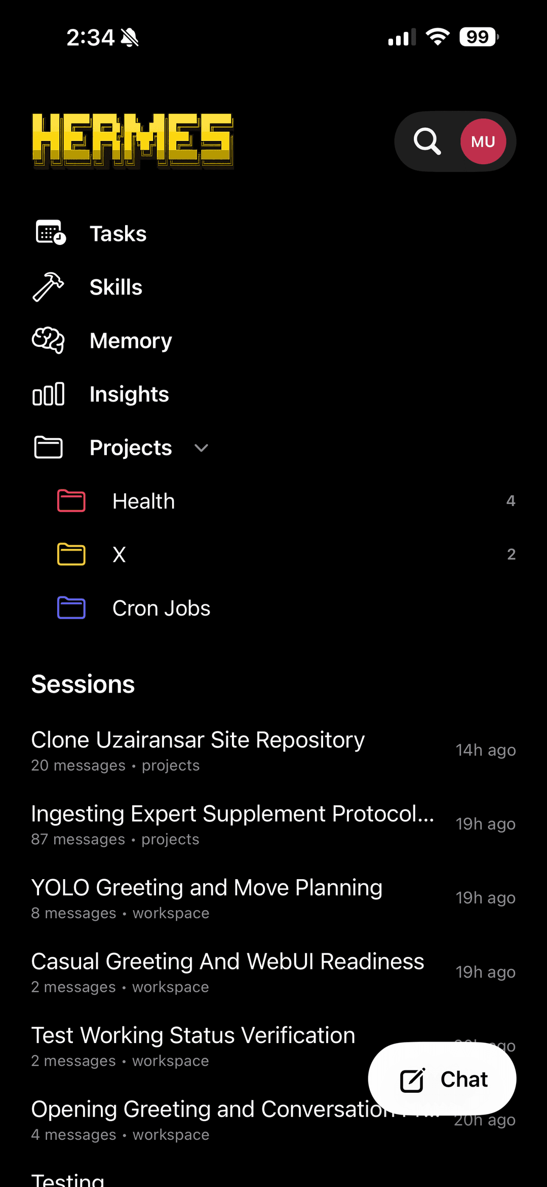 Projects view for organizing sessions by workspace