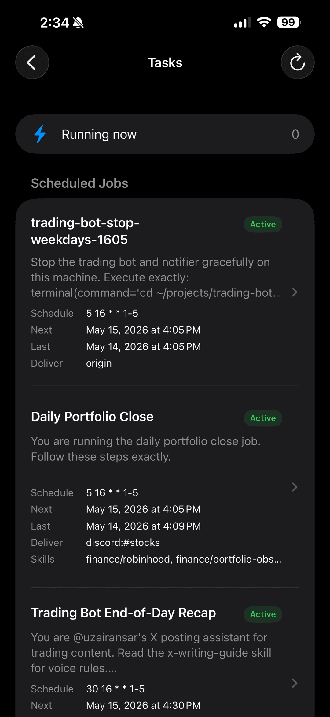 Tasks view showing active and completed agent tasks